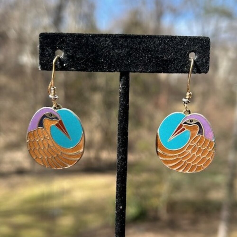 LAUREL BURCH Nile Bird Gold Purple Blue Enamel Cloisonné Earrings